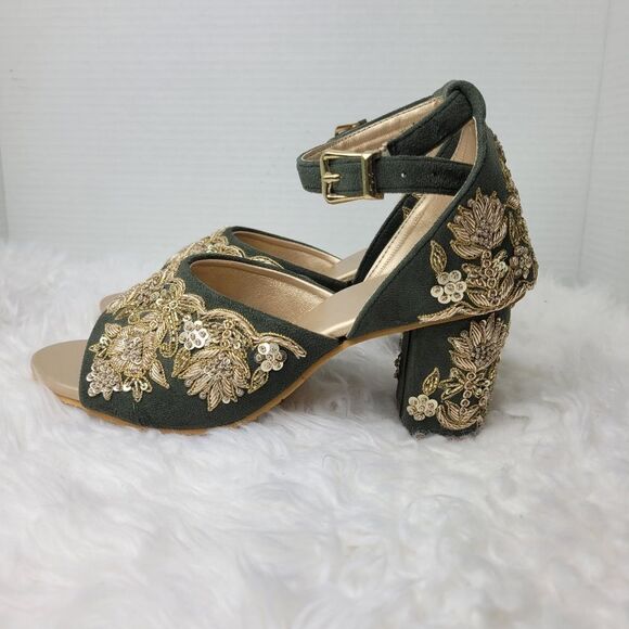 Green Handmade Bridal Heels, Zari Work Heels  Weeding Shoes - Picture 3 of 9
